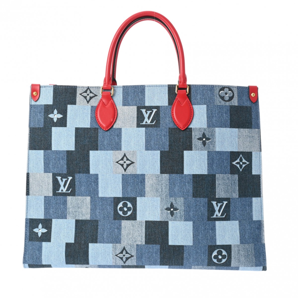 ルイヴィトン モノグラムデニム オンザゴーGM 2WAYトート ブルー/レッド デニム/レザー ユニセックス バッグ 【bag】