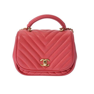 シャネル Vステッチ チェーンショルダー 17cm シェブロン ピンク レザー レディース バッグ 【bag】