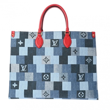 ルイヴィトン モノグラムデニム オンザゴーGM 2WAYトート ブルー/レッド デニム/レザー ユニセックス バッグ 【bag】