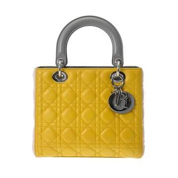 クリスチャンディオール LADY DIOR ミディアムバッグ 2WAY イエロー/グレー/ピンク ラムスキン レディース バッグ 【bag】