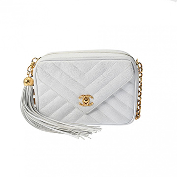 シャネル Vステッチ フリンジ チェーンショルダー ホワイト キャビアスキン レディース バッグ 【bag】