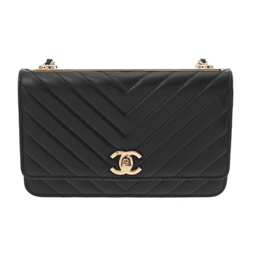 シャネル Vステッチ チェーンウォレット ブラック A80982 ラムスキン レディース バッグ 【bag】