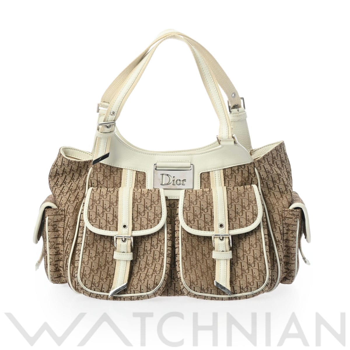 ディオール トロッター柄 ベージュ/ホワイト/シルバー金具 キャンバス/レザー レディース バッグ 【中古】【bag】