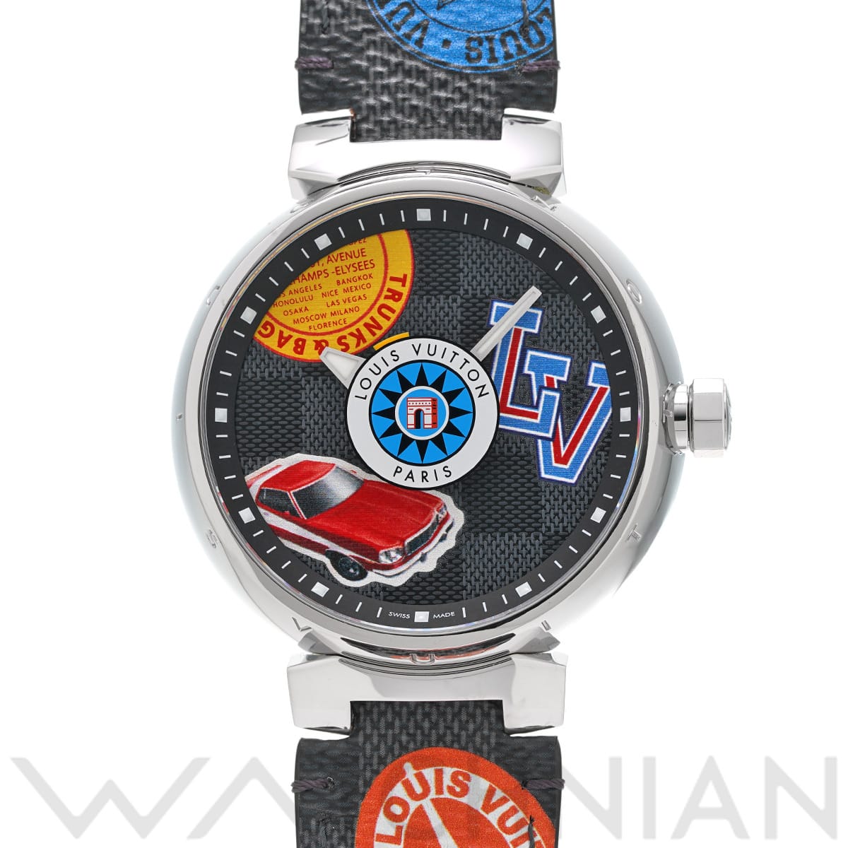 ルイ ヴィトン タンブール GM ダミエ ワールドツアー 41.5 QA063Z ブラック メンズ 時計 【中古】【wristwatch】