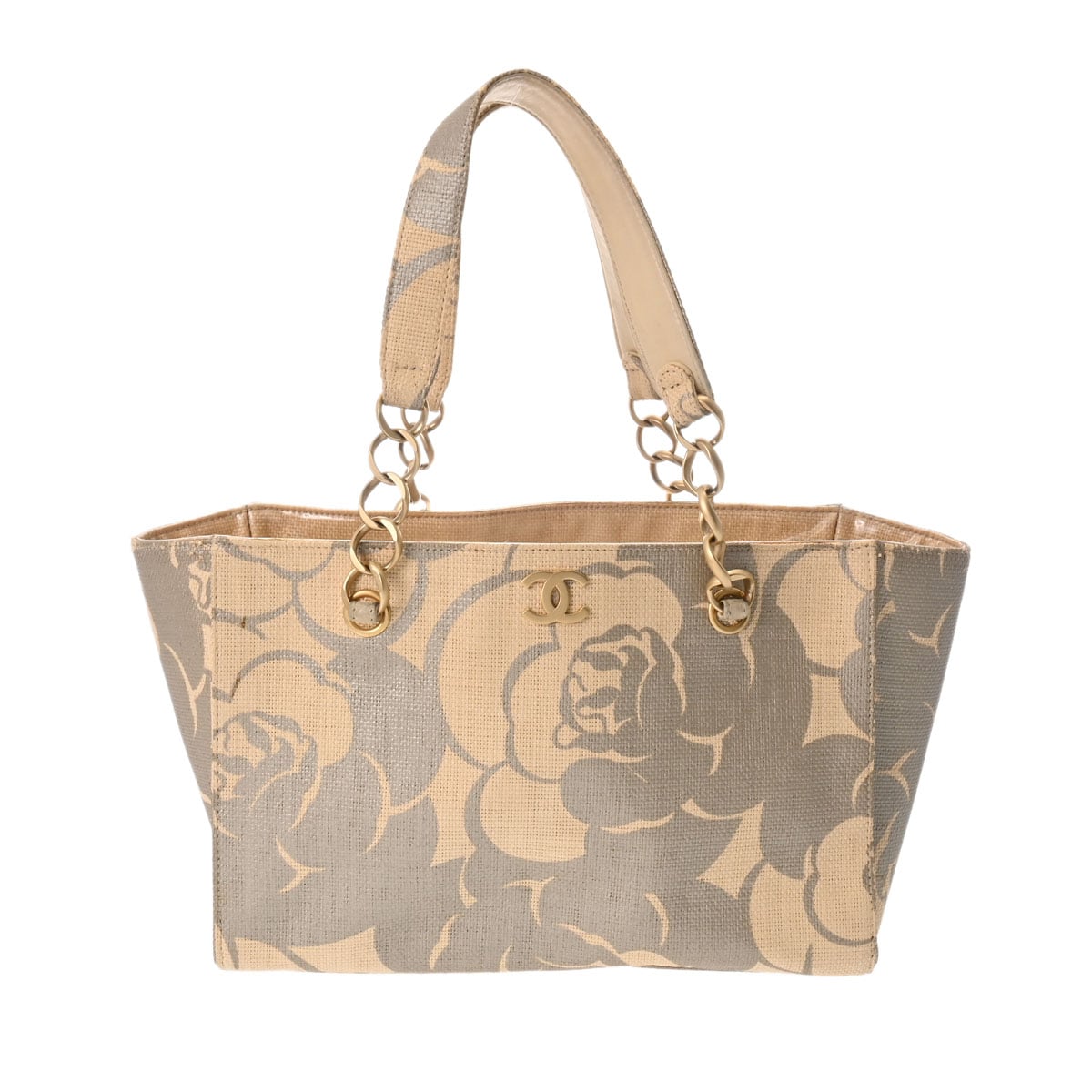 シャネル カメリア チェーントート ベージュ/ゴールド金具 ストロー レディース バッグ 【中古】【bag】
