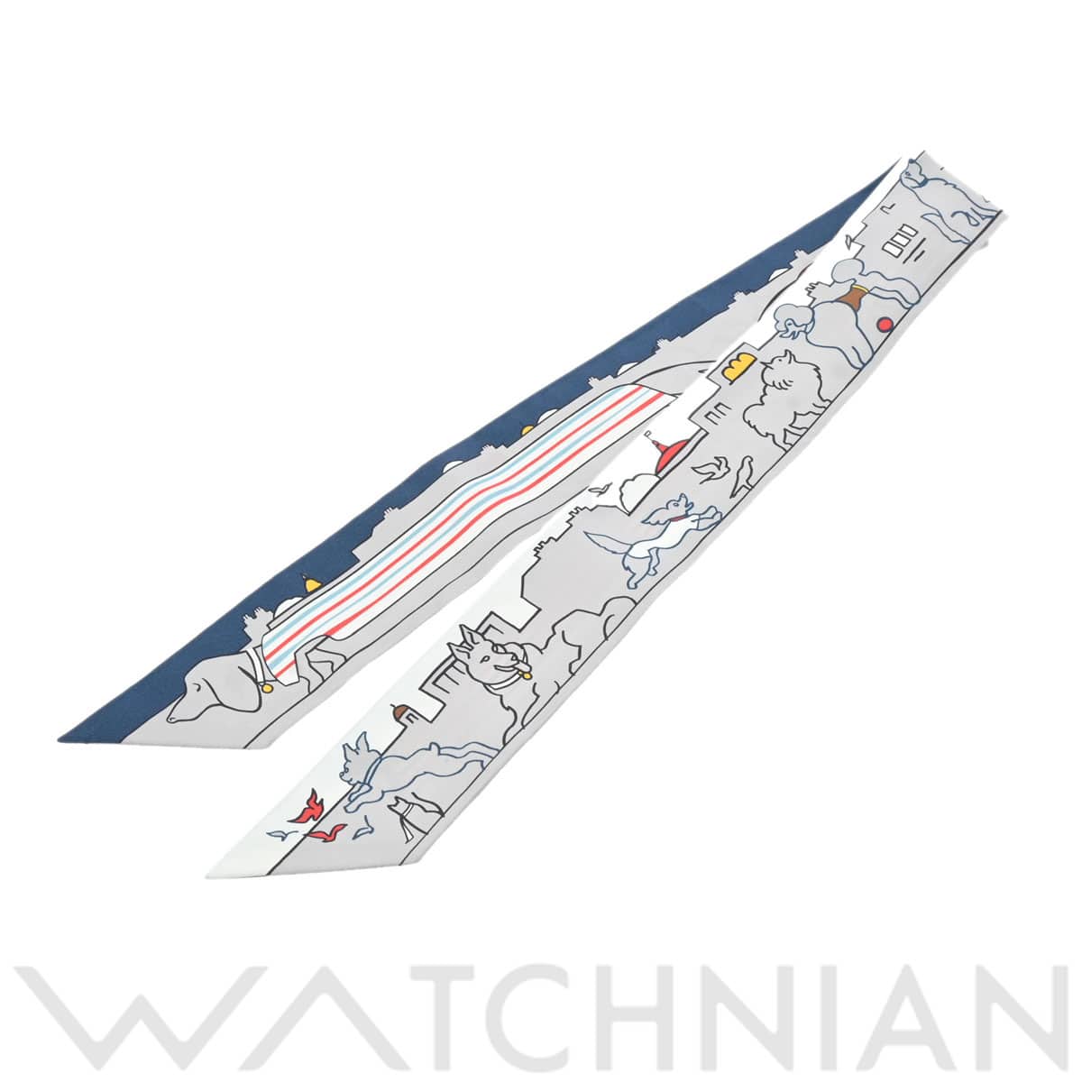 エルメス ツイリー LES CHIENS PARISIENS グレー/ダークブルー系 064116S シルク100％ レディース 【新品】【other】