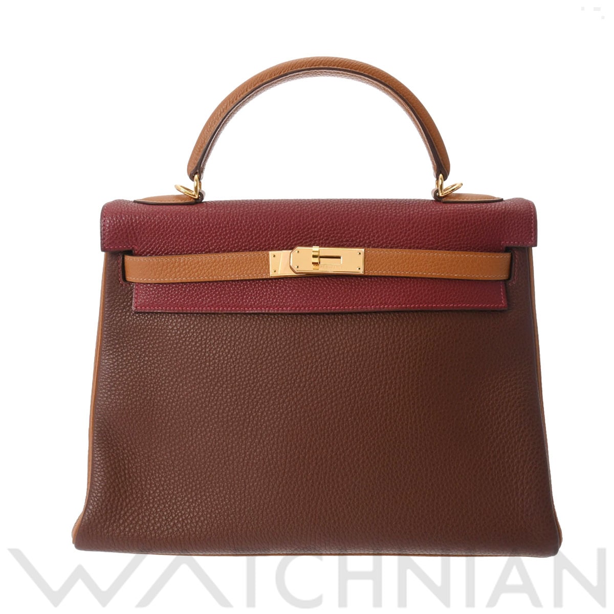 エルメス ケリー32 内縫い トリコロール ルージュH/マロン/ゴールド/ゴールド金具 トゴ レディース バッグ 【中古】【bag】