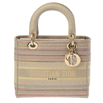 ディオール Lady D-Lite ミディアム 2WAY マルチカラー/ゴールド金具 50-MA-0211 リネン レディース バッグ 【中古】【bag】