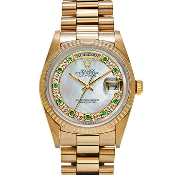 ロレックス デイデイト 18238NME ホワイトシェル/ミリヤードダイヤモンド/エメラルド メンズ 時計 【中古】【wristwatch】