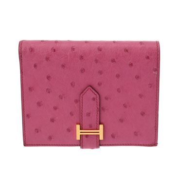 エルメス ベアン コンパクト フューシャピンク オーストリッチ ユニセックス 財布 【中古】【purse】