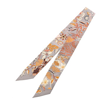 エルメス ツイリー FLEURS ET PAP ILLONS DE TISSUS グレー/オレンジ シルク100％ レディース 【中古】【other】