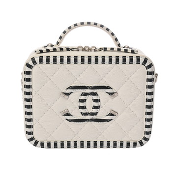 シャネル スモール バニティケース ホワイト/ブラック A93342 キャビアスキン レディース バッグ 【中古】【bag】