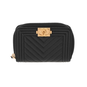 シャネル Vステッチ クラシック ジップ コインパース ブラック A80602 キャビアスキン レディース 財布 【中古】【purse】