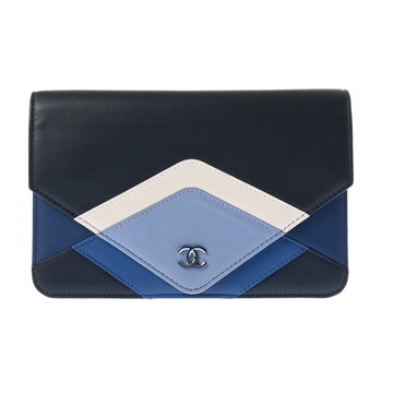 シャネル マトラッセ チェーンウォレット ネイビー/ホワイト/ブルー ラムスキン レディース バッグ 【中古】【bag】