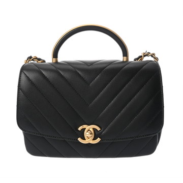 シャネル Vステッチ トップハンドル フラップバッグ ブラック カーフスキン レディース バッグ 【中古】【bag】