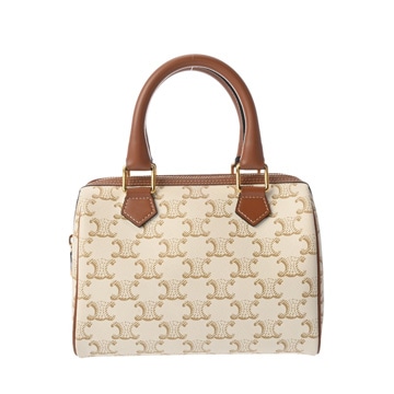 セリーヌ スモール ボストン ホワイト/タン 113772CAS.01BC トリオンフ キャンバス/カーフ レディース バッグ 【中古】【bag】