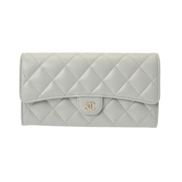 シャネル マトラッセ クラシックロングフラップウォレット ライトグレー AP0241 ラムスキン レディース 財布 【中古】【purse】