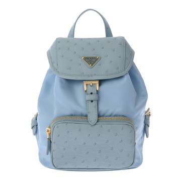 プラダ バックパック ライトブルー 1BZ074 オーストリッチ/ナイロン レディース バッグ 【未使用】【bag】
