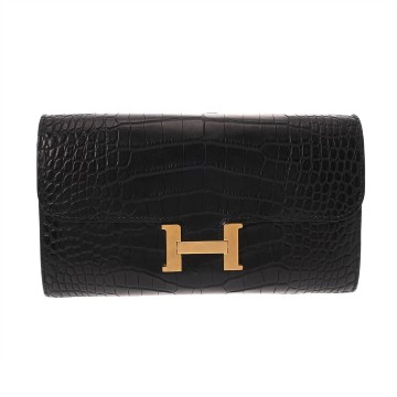 エルメス コンスタンスロング トゥーゴー ブラック アリゲーターマット ユニセックス 財布 【中古】【purse】