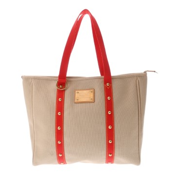 ルイ ヴィトン アンティグア カバ GM ベージュ/レッド M40032 キャンバス レディース バッグ 【中古】【bag】