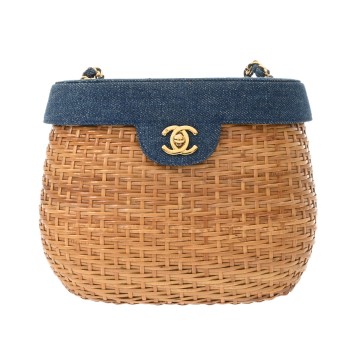 シャネル チェーンショルダー ブルー/ブラウン デニム/ストロー レディース バッグ 【中古】【bag】