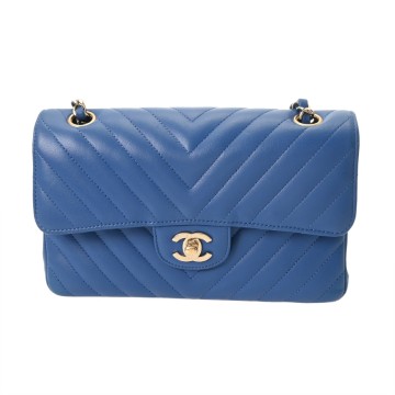 シャネル Vステッチ WフラップWチェーンショルダー 25 ブルー A01112 ラムスキン レディース バッグ 【中古】【bag】