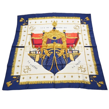 エルメス カレ 90 VUE DE CAROSSE DE LA REALE ブルー/ホワイト/ゴールド シルク レディース 【中古】【other】