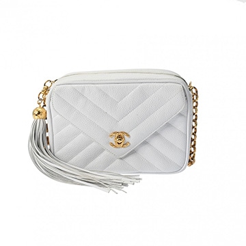 シャネル Vステッチ フリンジ チェーンショルダー ホワイト キャビアスキン レディース バッグ 【中古】【bag】