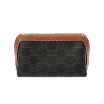セリーヌ スモール コスメティックポーチ タン 4M1622CZJ.04LU トリオンフキャンバス/カーフ レディース 【中古】【bag】