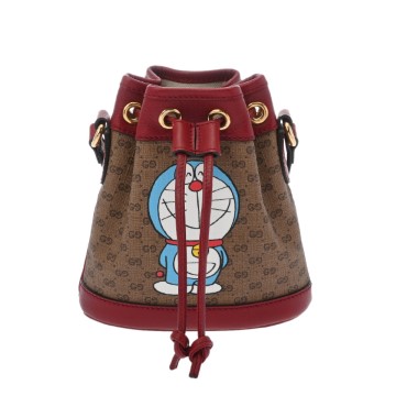 グッチ GUCCI×ドラえもん ミニバケットバッグ ベージュ/レッド 647801 マイクロGGスプリーム/レザー メンズ バッグ 【中古】【bag】