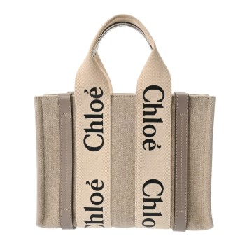 クロエ WOODY スモールトート 2WAY グレー/ベージュ CHC23AS397L176L6 リネンキャンバス/カーフ レディース バッグ 【中古】【bag】