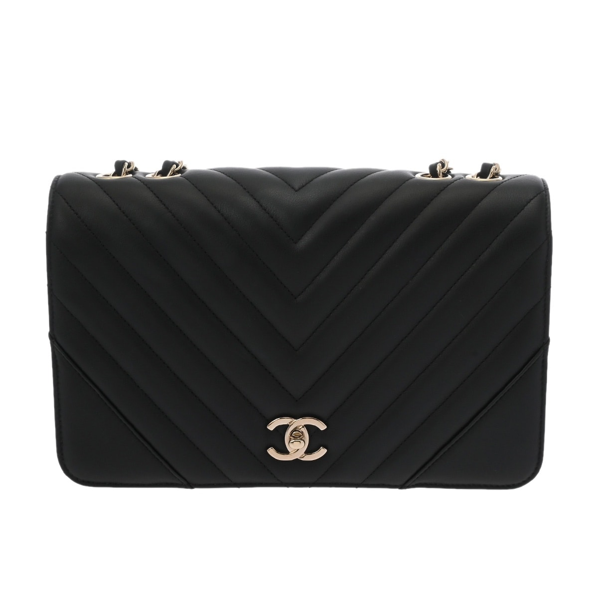 シャネル Vステッチ チェーンショルダー ブラック ラムスキン レディース バッグ 【中古】【bag】